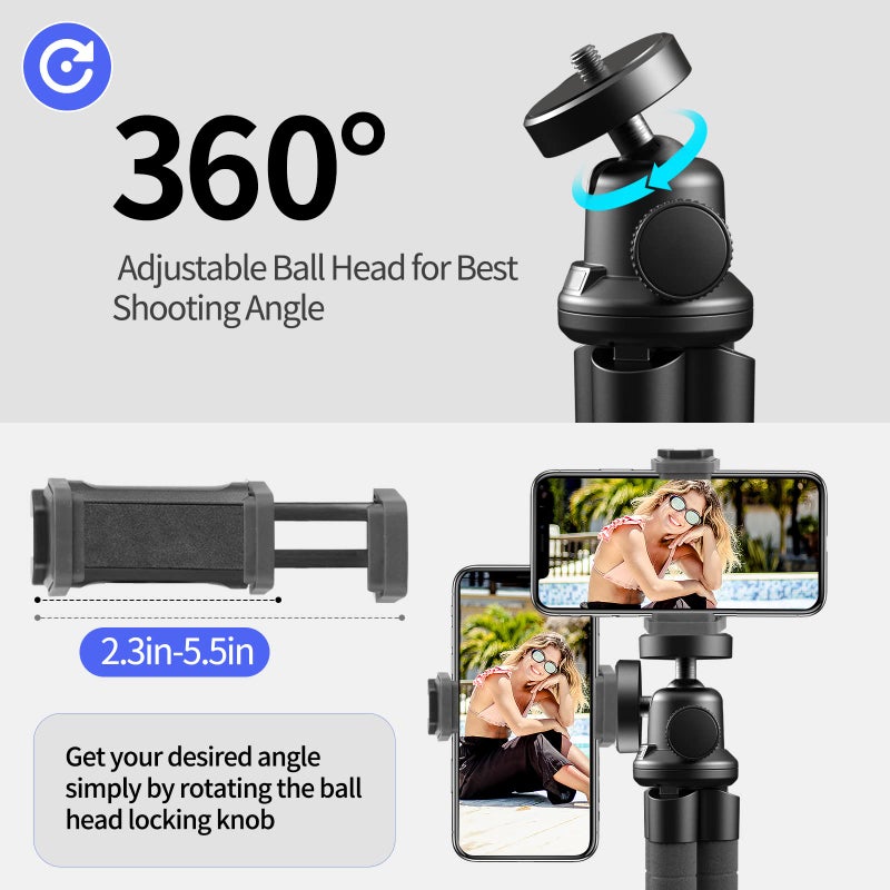 Aureday Phone Tripod, Flexible Tripod for iPhone and Android Cell Phone, Portable Small Tripod with Wireless Remote and Clip for Video Recording/Vlogging/Selfie Black - Image 5