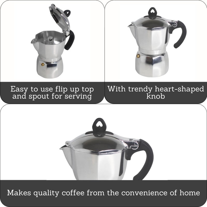 Imusa 3 Cup Stovetop Espresso Maker with Heart Shaped Knob, Silver - Image 2
