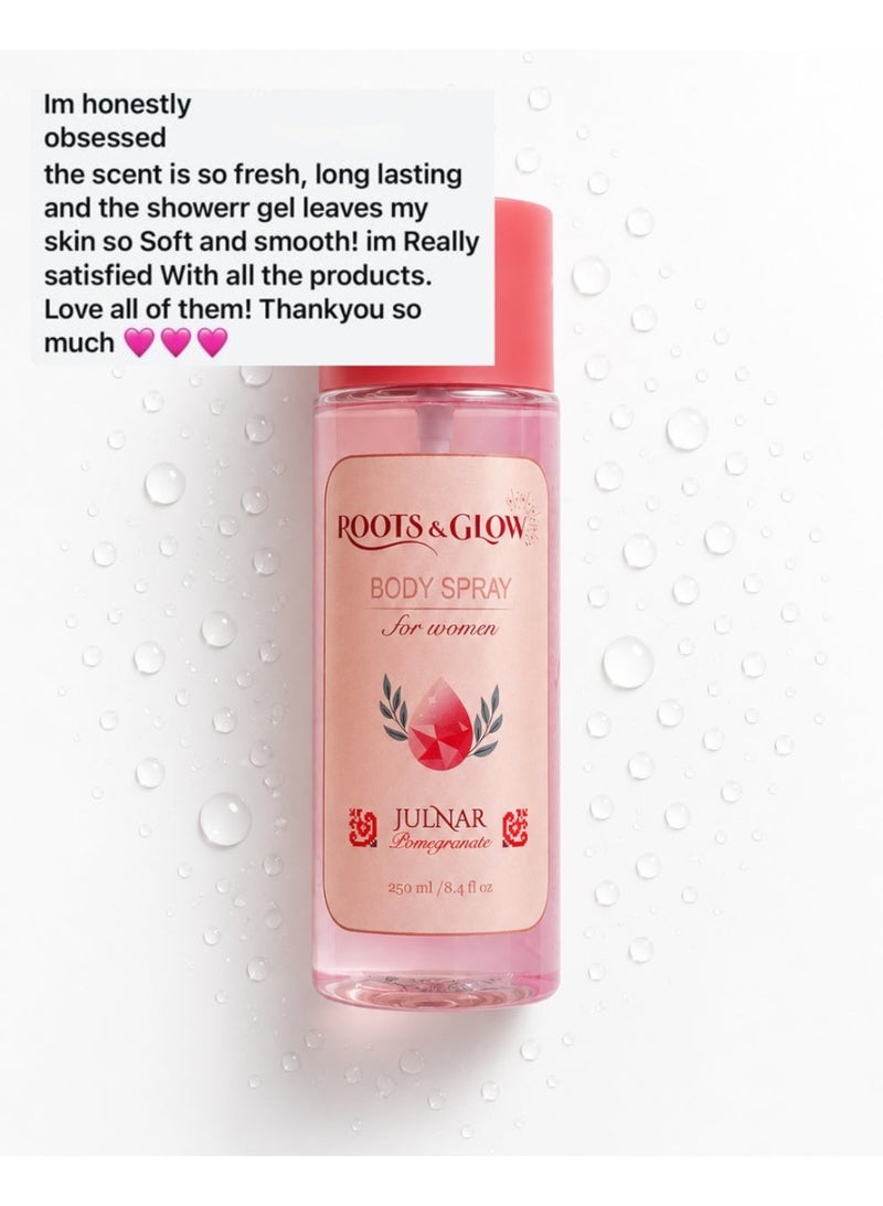Roots & Glow Body Mist for Women – 250ml Pomegranate Body Spray – Floral Notes, Soft Musk – Long Lasting Fragrance, Quick Dry No Residue – Daily Use – Roots & Glow - Image 5