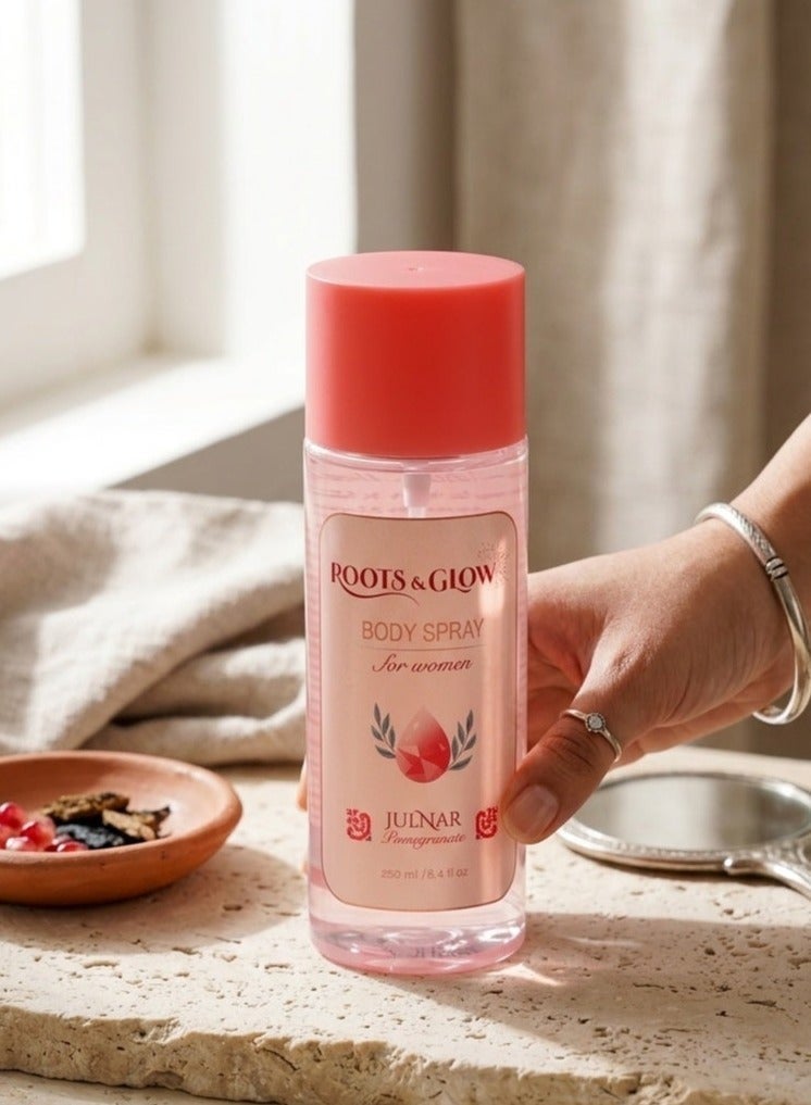 Roots & Glow Body Mist for Women – Julnar 250ml Pomegranate Body Spray – Floral Notes, Soft Musk – Long Lasting Fragrance, Quick Dry No Residue – Daily Use – Perfect for Layering Roots & Glow - Image 2