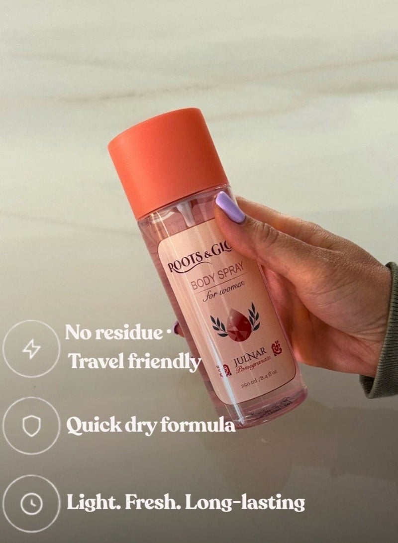 Roots & Glow Body Mist for Women – Julnar 250ml Pomegranate Body Spray – Floral Notes, Soft Musk – Long Lasting Fragrance, Quick Dry No Residue – Daily Use – Perfect for Layering Roots & Glow - Image 3
