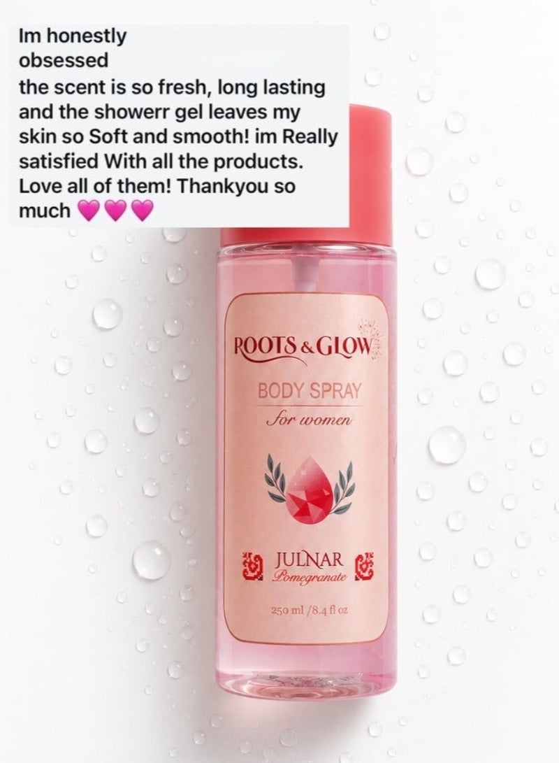 Roots & Glow Body Mist for Women – Julnar 250ml Pomegranate Body Spray – Floral Notes, Soft Musk – Long Lasting Fragrance, Quick Dry No Residue – Daily Use – Perfect for Layering Roots & Glow - Image 5