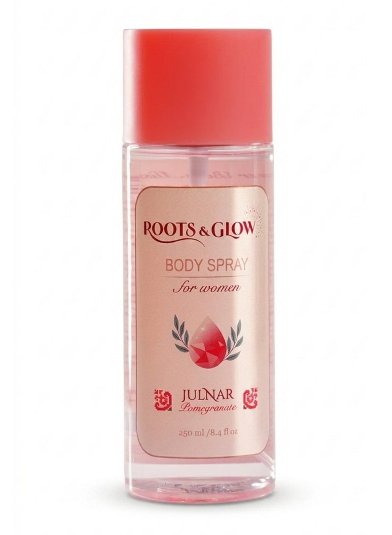 Roots & Glow Body Mist for Women – Julnar 250ml Pomegranate Body Spray – Floral Notes, Soft Musk – Long Lasting Fragrance, Quick Dry No Residue – Daily Use – Perfect for Layering Roots & Glow - Image 1