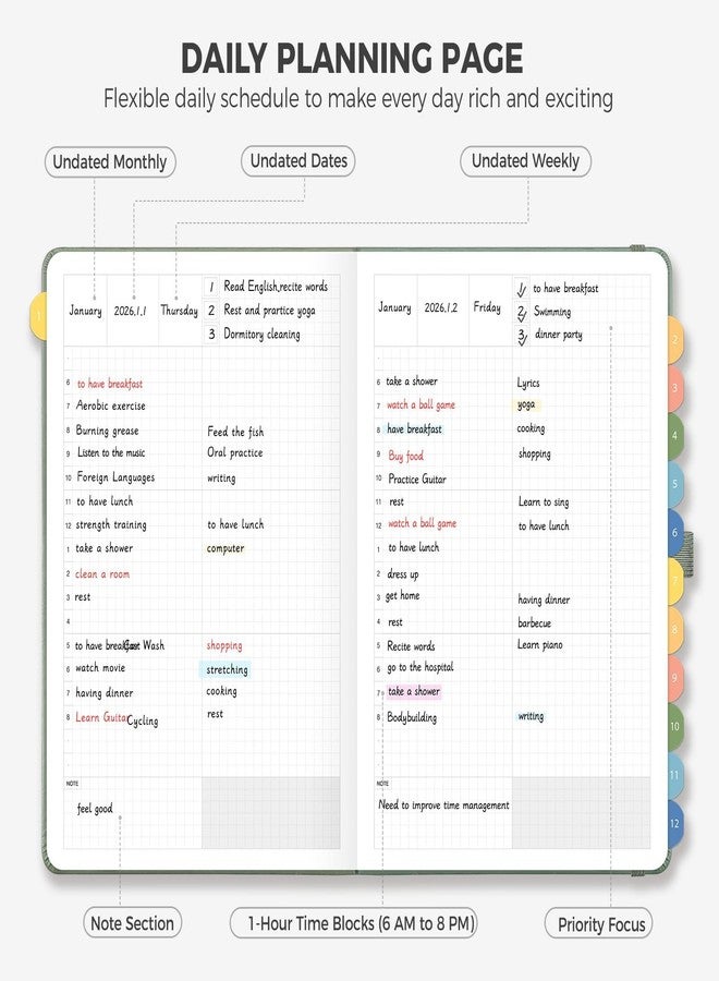 LOAPEM Daily Planner Undated, Appointment Book for Hourly, Daily and Monthly, 365 Days, One Page a Day, Medium Size (5.7" x 8.3"), Leather Hardcover, 12 Self-adhesive Monthly Tabs (Light Green) - Image 3