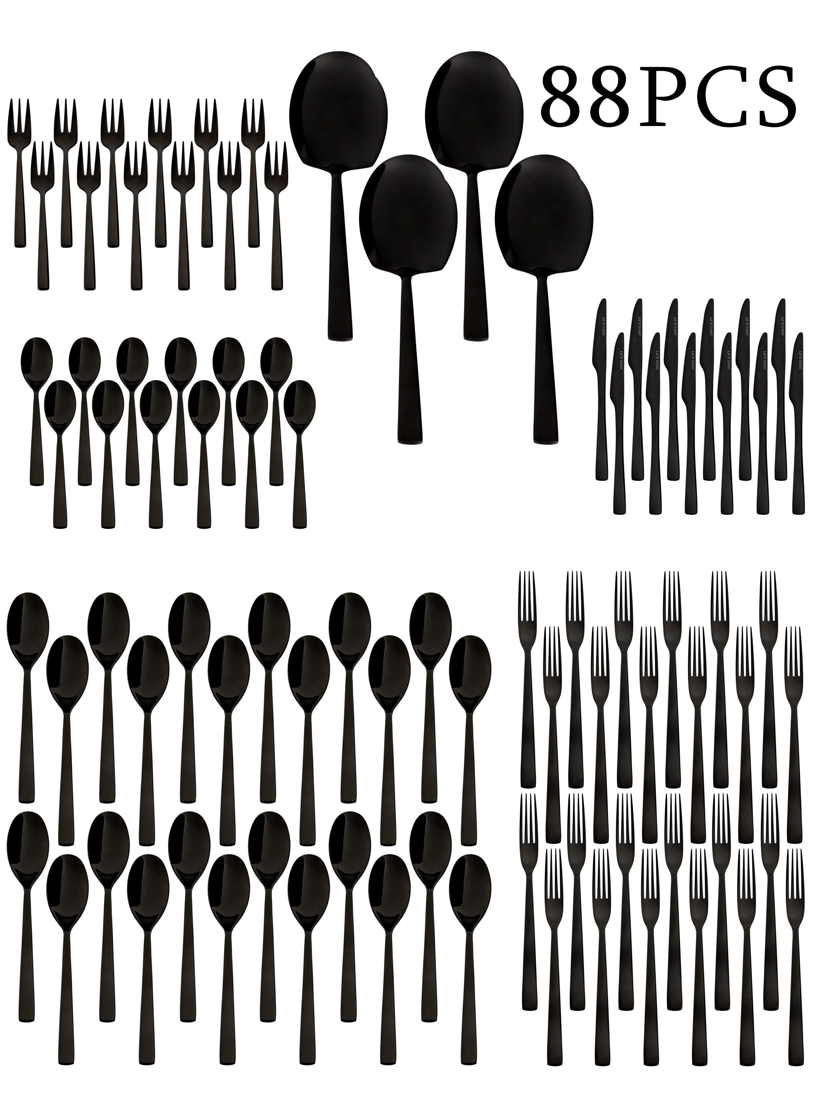 Life Smile 88 Pieces Cutlery Set Service for 24 person,Pure Stainless Steel Flatware Set,Mirror Polished Cutlery Utensil Set Include Spoon/Fork/Rice Server/Knife/Cake Fork/Tea Spoon 