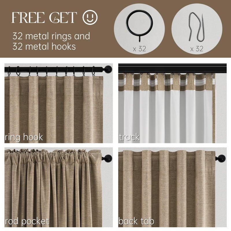 Topfinel Linen Blackout Curtains 96 Inch Long, Light Blocking Rustic Neutral Thermal Insulated Brown Natural Linen Cabin Back Tab Viral Drapery Drapes with Hooks Rings 2 Panel Sets, Brown Tan 8 FT - Image 5