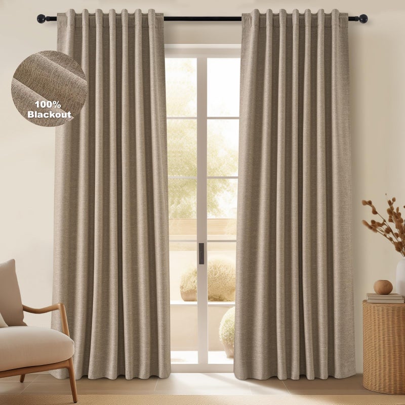 Topfinel Linen Blackout Curtains 96 Inch Long, Light Blocking Rustic Neutral Thermal Insulated Brown Natural Linen Cabin Back Tab Viral Drapery Drapes with Hooks Rings 2 Panel Sets, Brown Tan 8 FT - Image 1