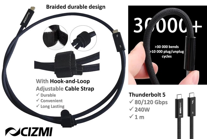 سيزمي ✦ كابل USB-C Thunderbolt 5 80Gbps -120Gbps | شحن فائق بقدرة 240W EPR Power Delivery PD 3.1 | فيديو 16K UHD 8K@120Hz 4K@540Hz | USB4 Gen4 | متوافق مع iPhone والمزيد | مضفر، 1 متر + حزام قابل للتعديل - Image 2