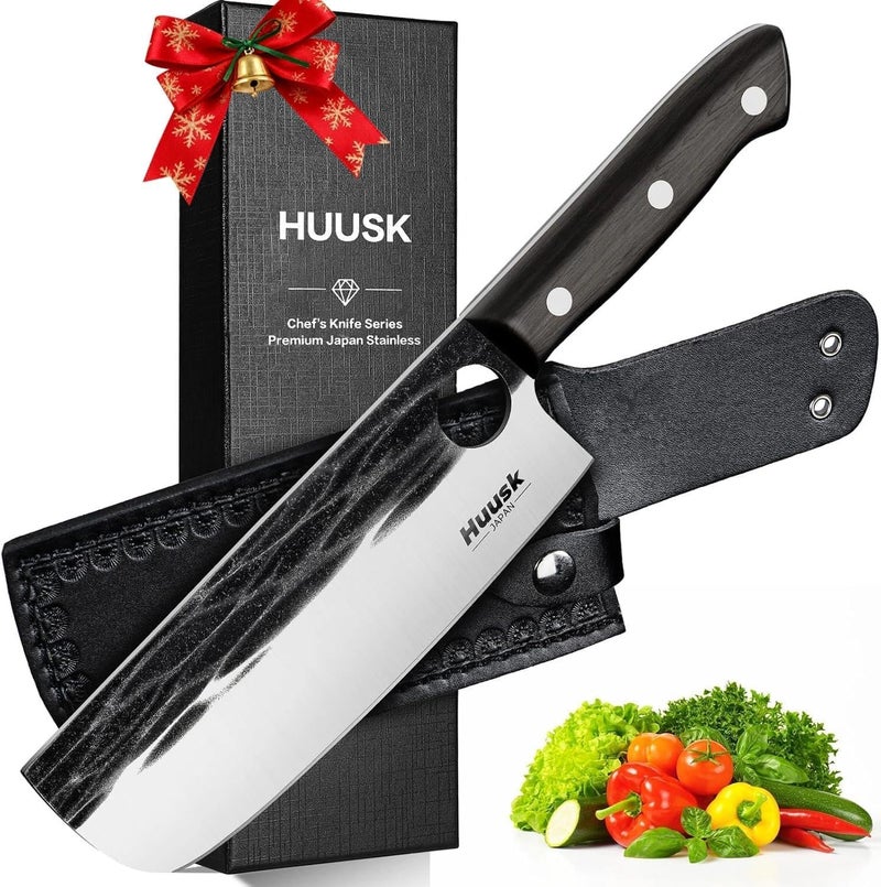 Huusk Japanese Nakiri Knife, 7 Inch Vegetable Chopping Knives with Full Tang Design, Hand Forged Cleaver with Ebony Handle, Japanese Kitchen Knife for Meat Cutting,Christmas Gift for Men and Women - Image 1