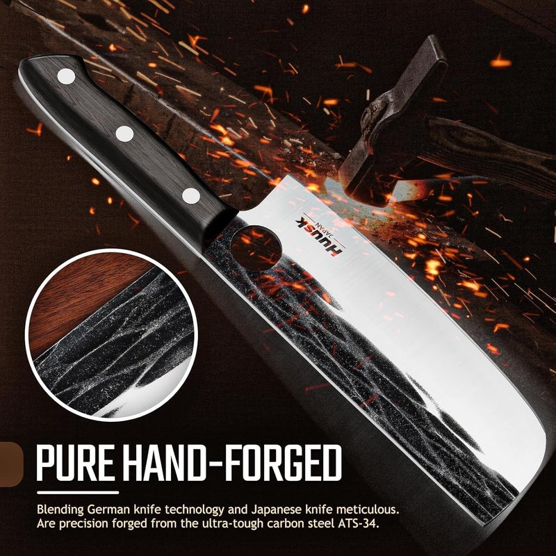 Huusk Japanese Nakiri Knife, 7 Inch Vegetable Chopping Knives with Full Tang Design, Hand Forged Cleaver with Ebony Handle, Japanese Kitchen Knife for Meat Cutting,Christmas Gift for Men and Women - Image 3
