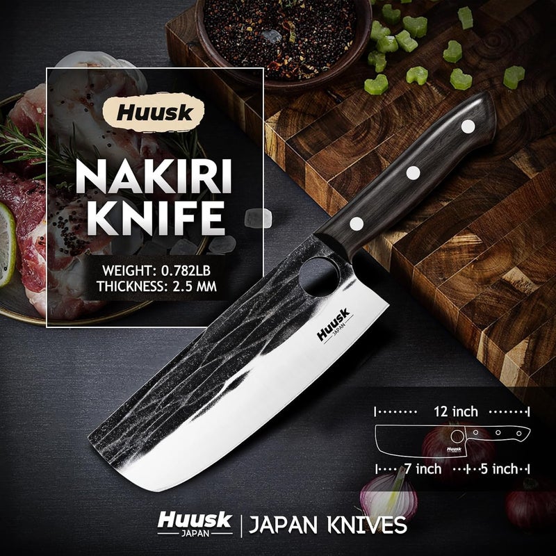Huusk Japanese Nakiri Knife, 7 Inch Vegetable Chopping Knives with Full Tang Design, Hand Forged Cleaver with Ebony Handle, Japanese Kitchen Knife for Meat Cutting,Christmas Gift for Men and Women - Image 4