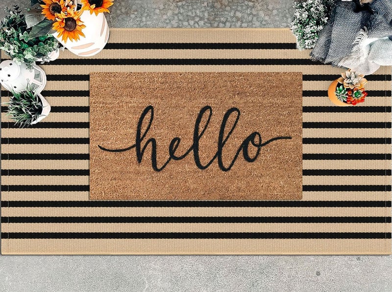 KILOCOCO Striped Rug 3'x5' Front Door Rug Woven Cotton Washable Stripe Layered Doormats Indoor Outdoor Door Mat for Front Porch/Kitchen/Farmhouse/Entryway/Patio, Brown - Image 3