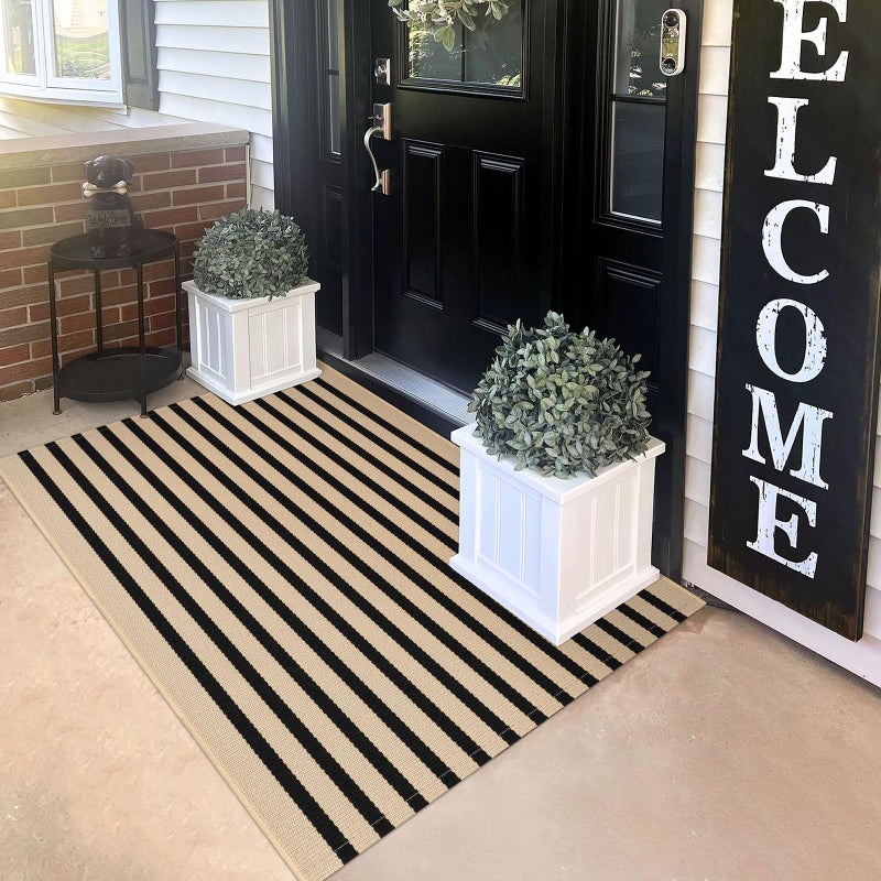 KILOCOCO Striped Rug 3'x5' Front Door Rug Woven Cotton Washable Stripe Layered Doormats Indoor Outdoor Door Mat for Front Porch/Kitchen/Farmhouse/Entryway/Patio, Brown - Image 1