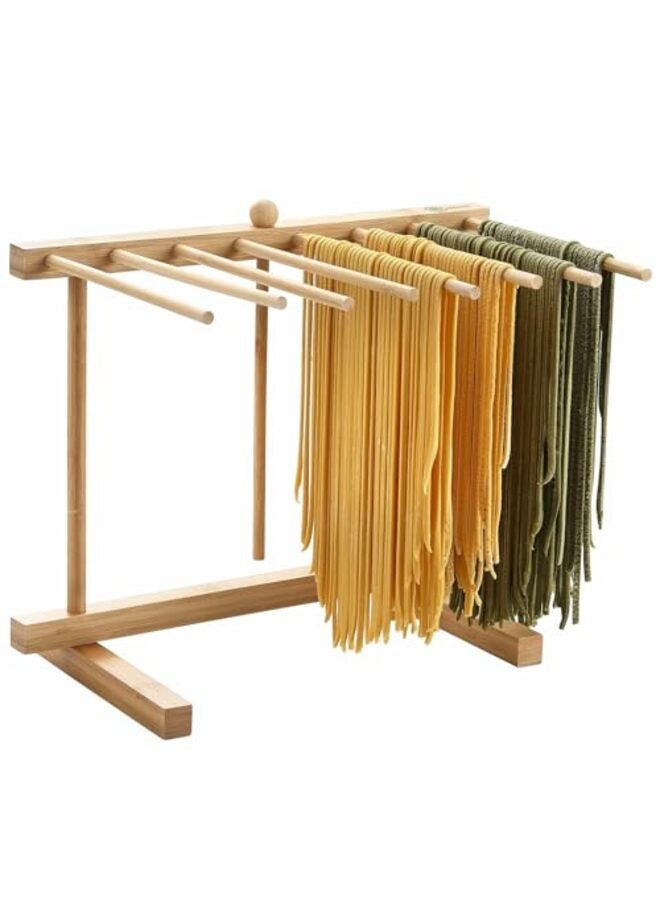 Bamboo Pasta Drying Rack with 8 Bars and Transfer Wand, Easy to Transfer for Drying Pasta and Cooking, Special Suspension Design for Large Storage, Gift for House Warming - Image 1