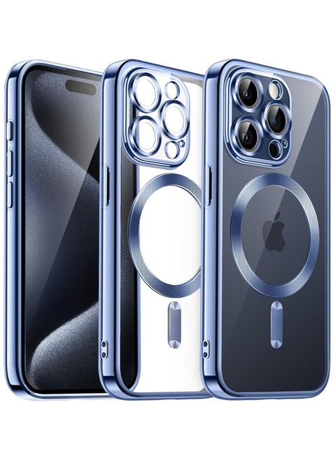 Soft Clear Case for iPhone 15 Pro Max 6.7-Inch, Camera Lens Full Protection, Compatible with MagSafe Wireless Charging, Shockproof Electroplated TPU Phone Cover Sierra Blue