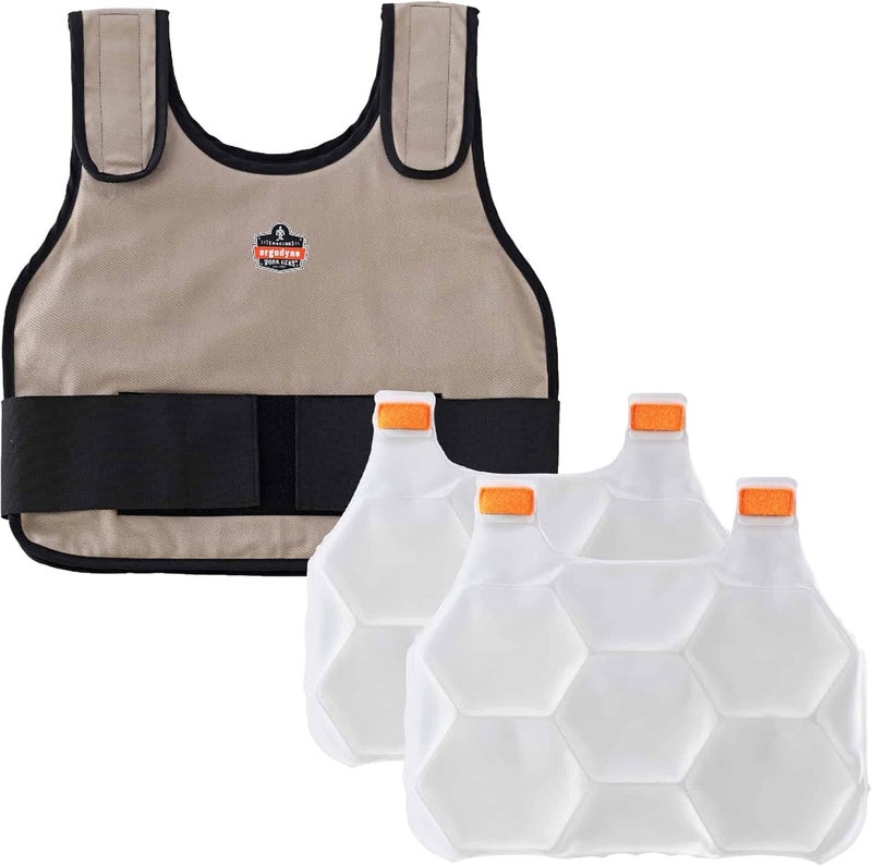 Ergodyne Cooling Vest with 2 Ice Packs, Instant Cooling Relief, Flexible Design, Ergodyne Chill Its 6230,Khaki,L/XL