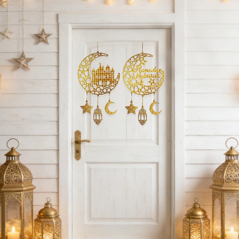iLifemate Ramadan Decorations, Ramadan Mubarak Moon & Mosque Wooden Hanging Decorations â€“ Gold Crescent Moon & Star Decor, Eid Ramadan Decorations for Home Party Door Windows, Ramadan Wall Art Sign - Image 3