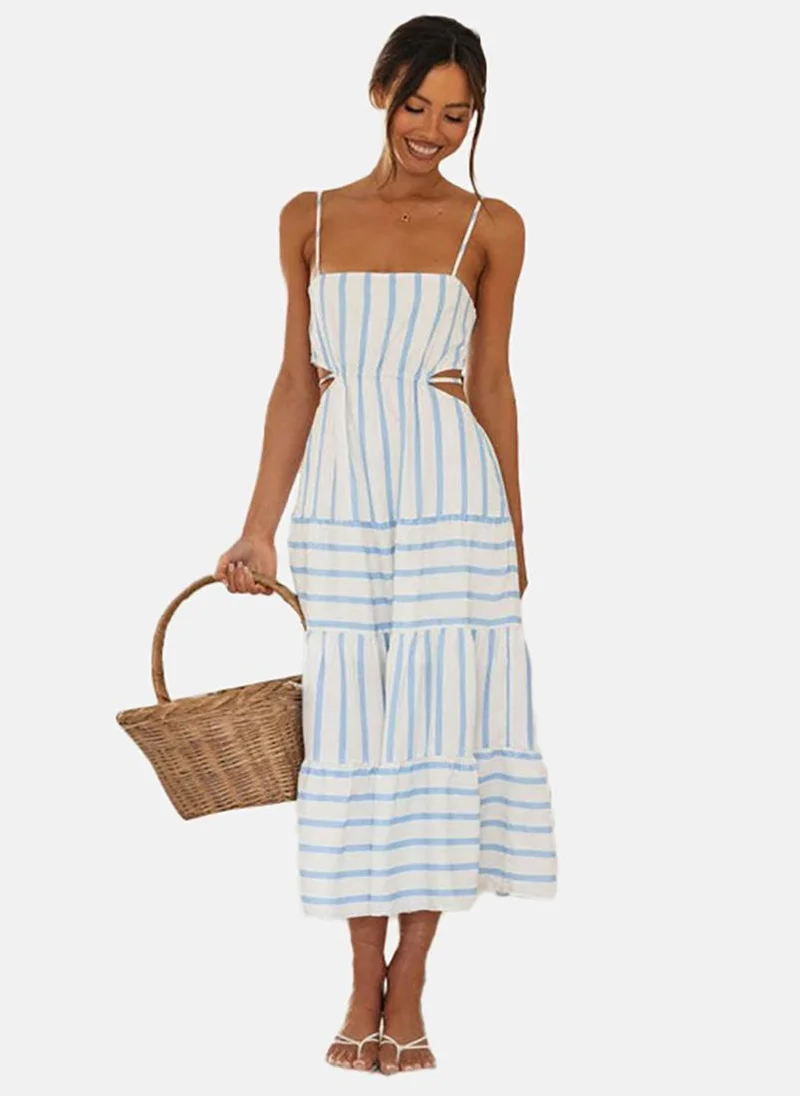 يونيكي White Striped Cut-Out A-Line Midi Dress