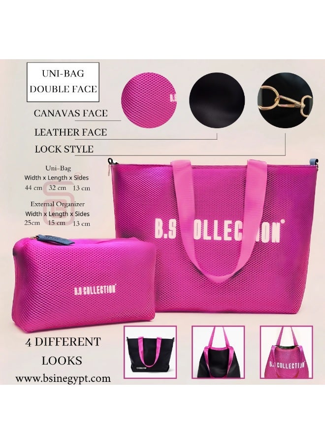 B.S COLLECTION Tote Bag for Women in Double-Face Leather and Fabric Lightweight, Elegant & Practical for Work and University - Pink - Image 2