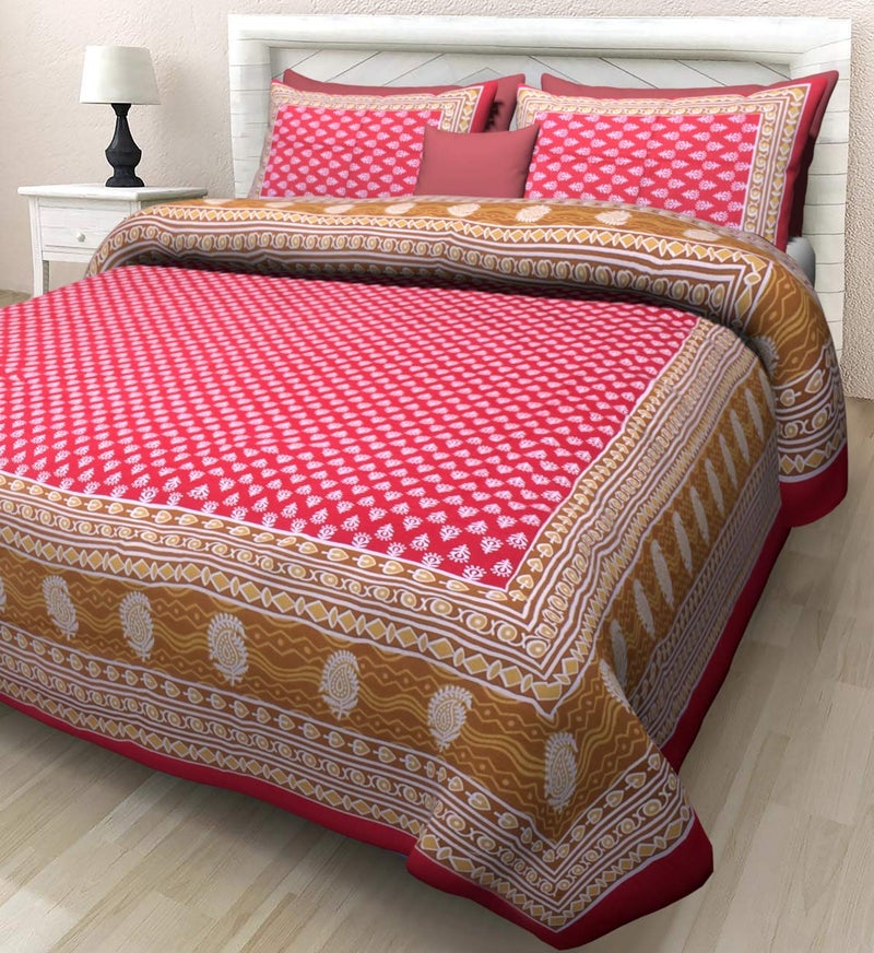 BedZone Cotton 144 TC Double Bedsheet with 2 Pillow Cover Red - Image 1