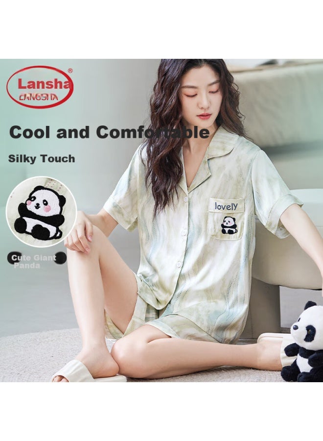 LANG SHA Lanshifei 25th Anniversary Summer New Women's Pajamas Thin And Comfortable Ice Silk Cool Breathable Short Sleeve Shorts Home Wear Set - Image 1