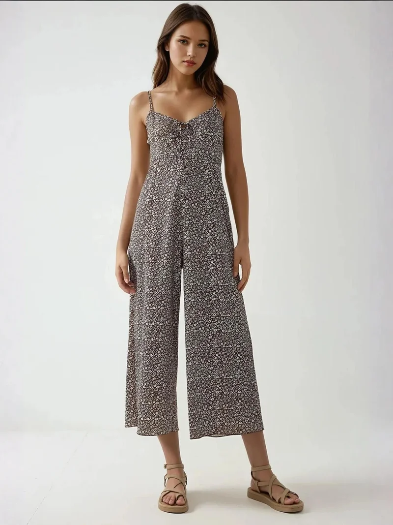 Wide Leg Floral Knitted Jumpsuit with V-Neck