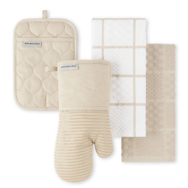 KITCHENAID Quilted Cotton Terry Cloth Oven Mitt, Pot Holder, Kitchen Towel 4-Pack Set, Heat Resistant, Silicone Grip, 16"x26", 7"x13" & 7"x10", Milkshake - Image 1