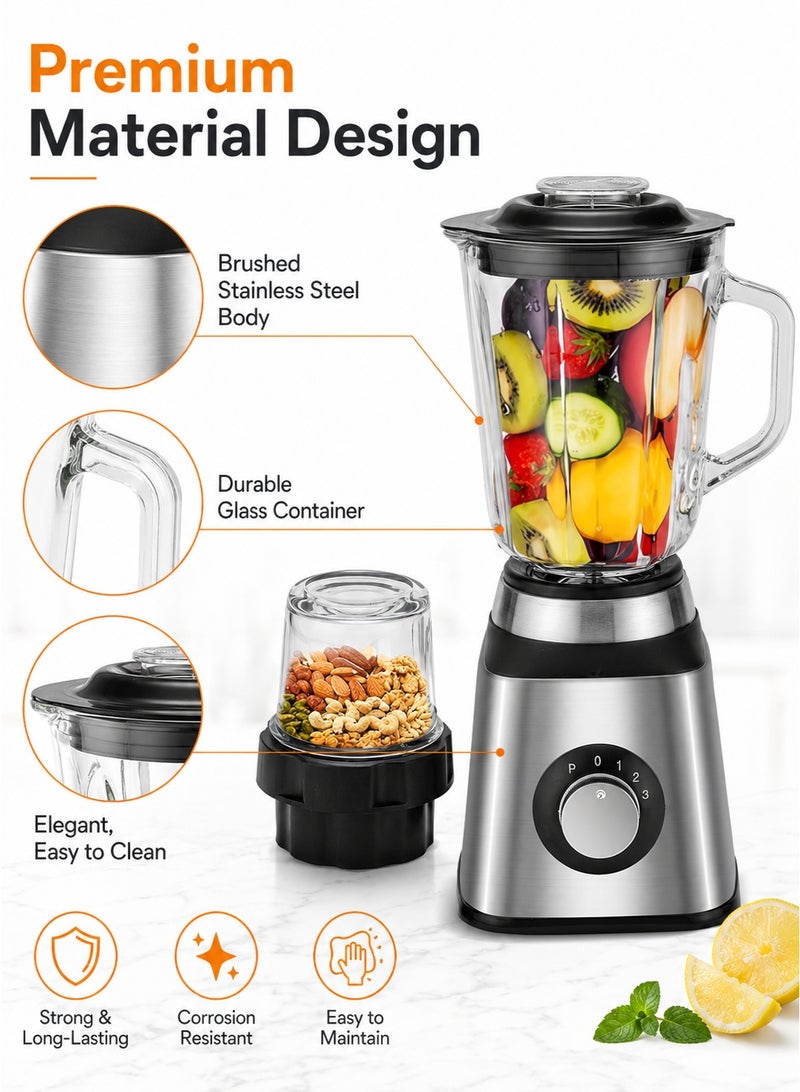 باندا خلاط كهربائي 2 في 1 مع مطحنة، محرك بقوة 450 واط، وعاء زجاجي سعة 1.5 لتر مع مطحنة توابل وبن، 6 شفرات ستانلس ستيل للعصائر والمطبخ - فضي - Image 4