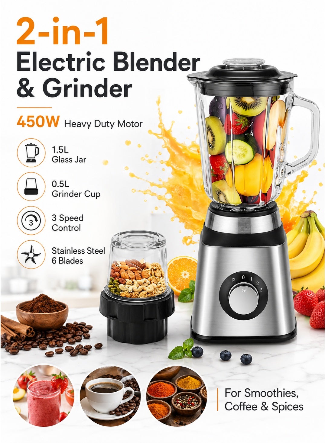 2-in-1 Electric Blender & Grinder, 450W Heavy Duty Motor, 1.5L Glass Jar & 0.5L Mill, Stainless Steel 6-Blades for Smoothies, Coffee & Spices - Silver