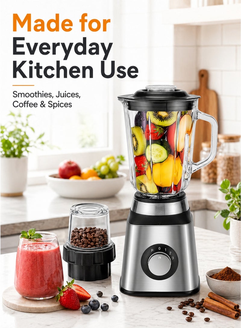 باندا خلاط كهربائي 2 في 1 مع مطحنة، محرك بقوة 450 واط، وعاء زجاجي سعة 1.5 لتر مع مطحنة توابل وبن، 6 شفرات ستانلس ستيل للعصائر والمطبخ - فضي - Image 5