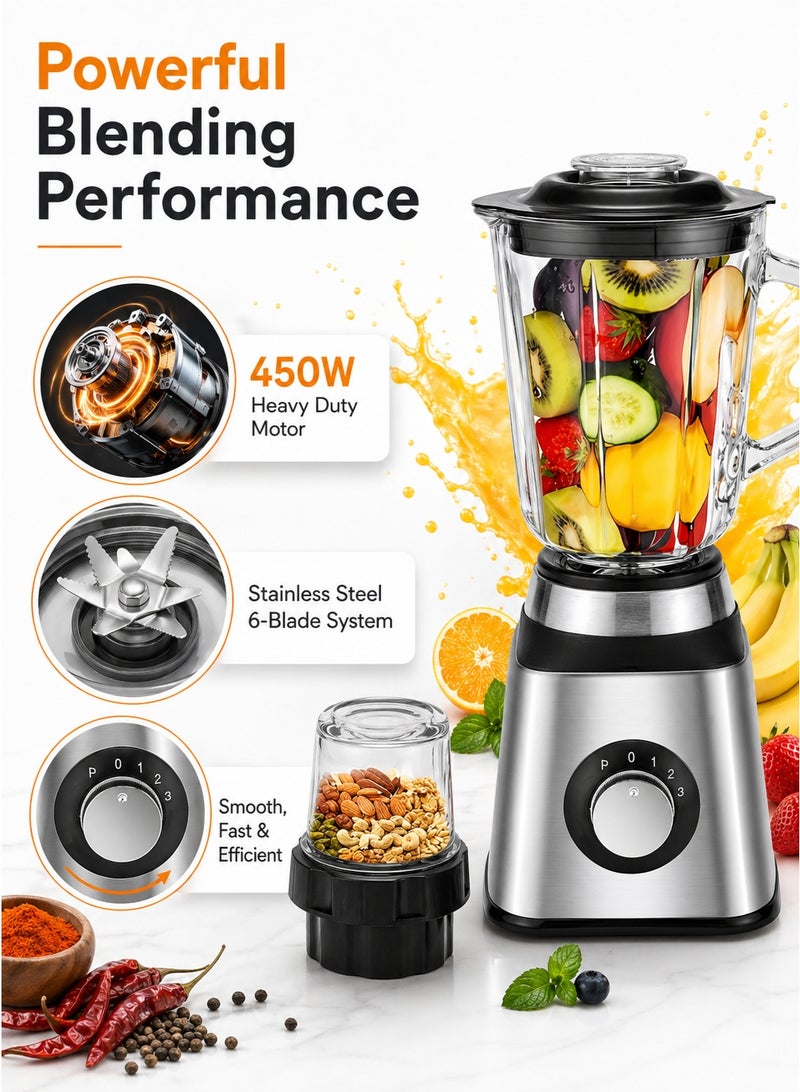 باندا خلاط كهربائي 2 في 1 مع مطحنة، محرك بقوة 450 واط، وعاء زجاجي سعة 1.5 لتر مع مطحنة توابل وبن، 6 شفرات ستانلس ستيل للعصائر والمطبخ - فضي - Image 2
