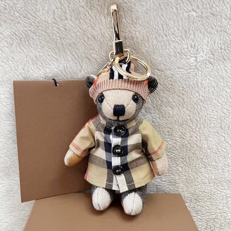 Handmade Cashmere Plaid Teddy Bear Keychain Small Check Knitted Hat Bear
