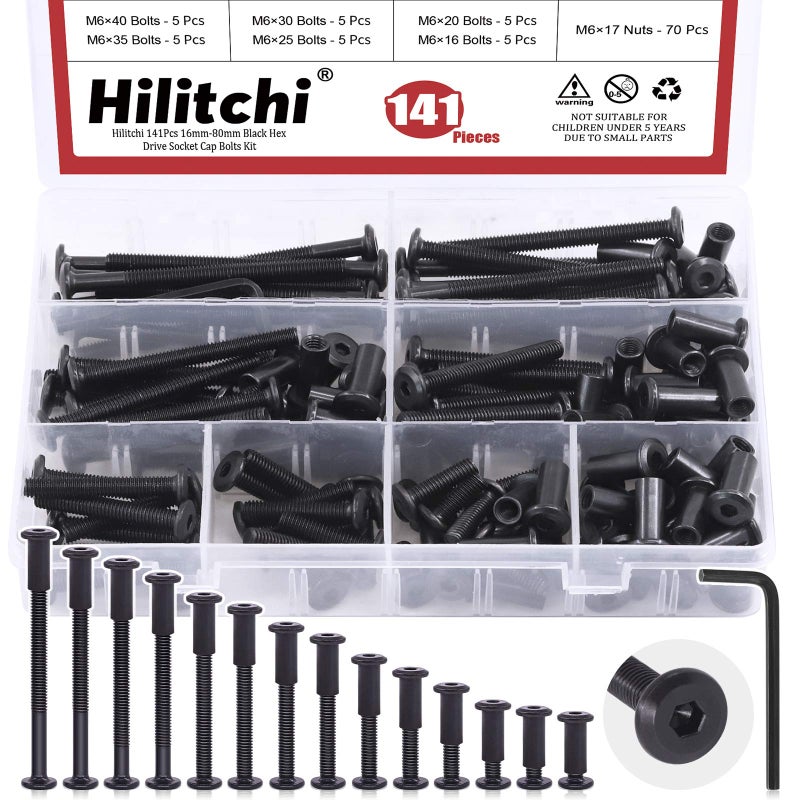 Hilitchi M6 Hex Drive Socket Cap Bolts Kit Countersunk Head Screws Bolts Dowel Barrel Nuts Crib Bolts Nuts Assortment Kit for Furniture Hardware Fitting 1680mm Assortment Kit140PCS