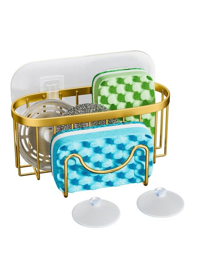 HapiRm Multifunctional Sponge Holder - 2 Installation Methods Sink Caddy with Unique M-shaped, Stainless Steel Kitchen Sink Organizer for Sponge, Brush, Stopper and Scraper - Gold - Image 1