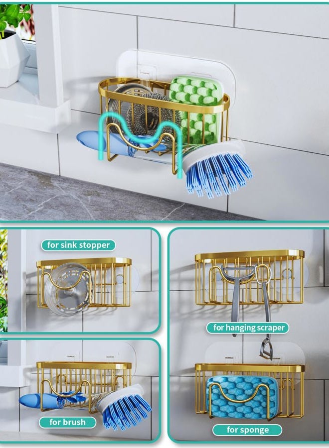 HapiRm Multifunctional Sponge Holder - 2 Installation Methods Sink Caddy with Unique M-shaped, Stainless Steel Kitchen Sink Organizer for Sponge, Brush, Stopper and Scraper - Gold - Image 2