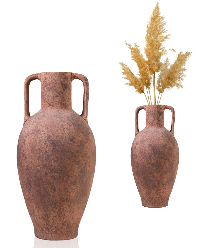 UPWOIGH 20.5in Tall Large Vintage Handles Ceramic Floor Vase, Antique Terracotta Pottery with Beige Speckles and Distressed Brown Markings, Rustic Farmhouse Living Room or Bedroom Decor, Gift 1 Pack - Image 1