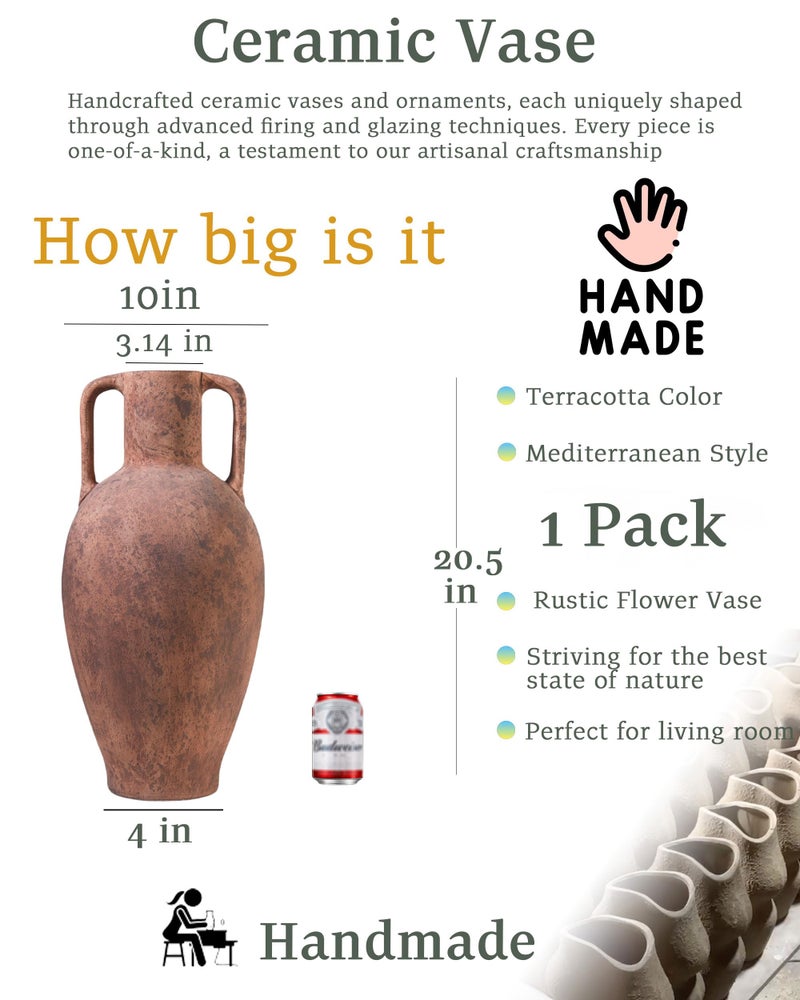 UPWOIGH 20.5in Tall Large Vintage Handles Ceramic Floor Vase, Antique Terracotta Pottery with Beige Speckles and Distressed Brown Markings, Rustic Farmhouse Living Room or Bedroom Decor, Gift 1 Pack - Image 3