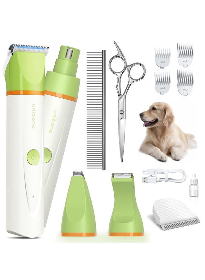 unibono Dog Grooming Kit with Paw Trimmer, All-in-One Low Noise Electric Rechargeable Cordless Small Quiet Pet Clippers Foot Dog Hair Shaver with Stainless Steel Scissors and Comb for Dogs Cats at Home  - Image 1