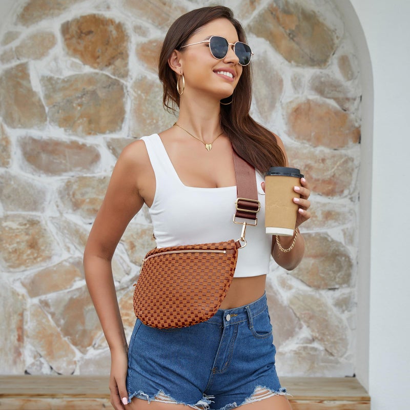 kuifang Woven Crossbody Bags For Women, Checkered Fashion PU Bum Bag Waist Pack, Travel Sling Purse with Adjustable Strapï¼ˆCaramel and Brown) - Image 3