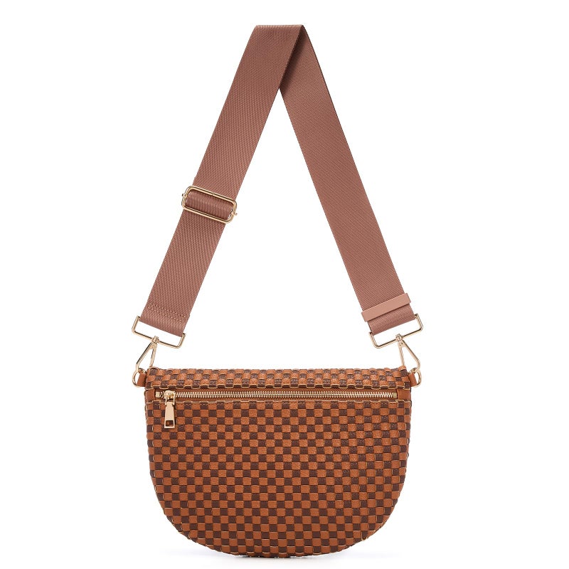 kuifang Woven Crossbody Bags For Women, Checkered Fashion PU Bum Bag Waist Pack, Travel Sling Purse with Adjustable Strapï¼ˆCaramel and Brown) - Image 1
