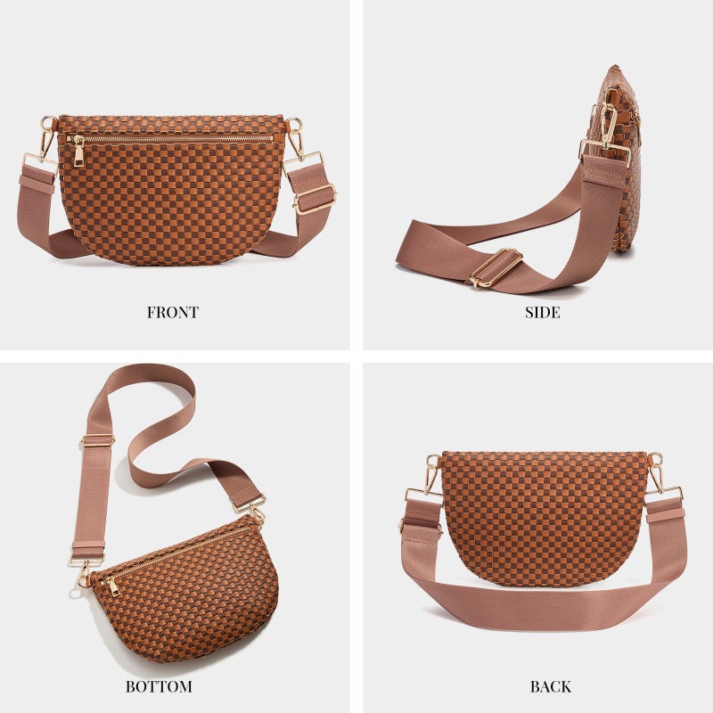 kuifang Woven Crossbody Bags For Women, Checkered Fashion PU Bum Bag Waist Pack, Travel Sling Purse with Adjustable Strapï¼ˆCaramel and Brown) - Image 5