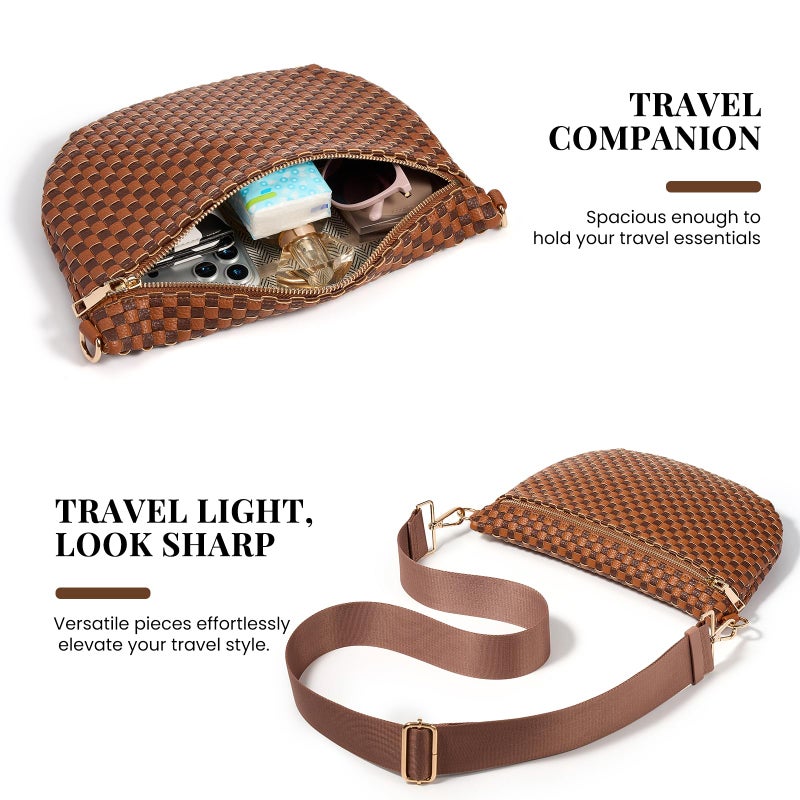 kuifang Woven Crossbody Bags For Women, Checkered Fashion PU Bum Bag Waist Pack, Travel Sling Purse with Adjustable Strapï¼ˆCaramel and Brown) - Image 4