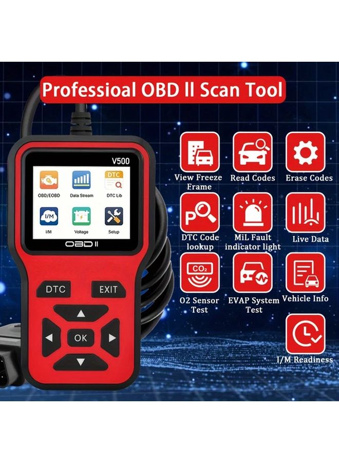 أداة تشخيص السيارة OBDII V500 الحمراء، قارئ رموز أعطال المحرك، اختبار الجهد الكهربائي. - Image 5