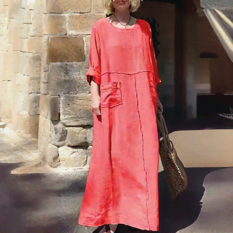 Women's Cotton Linen Long Sleeve Pleated Casual Dress with Side Pockets - Image 2