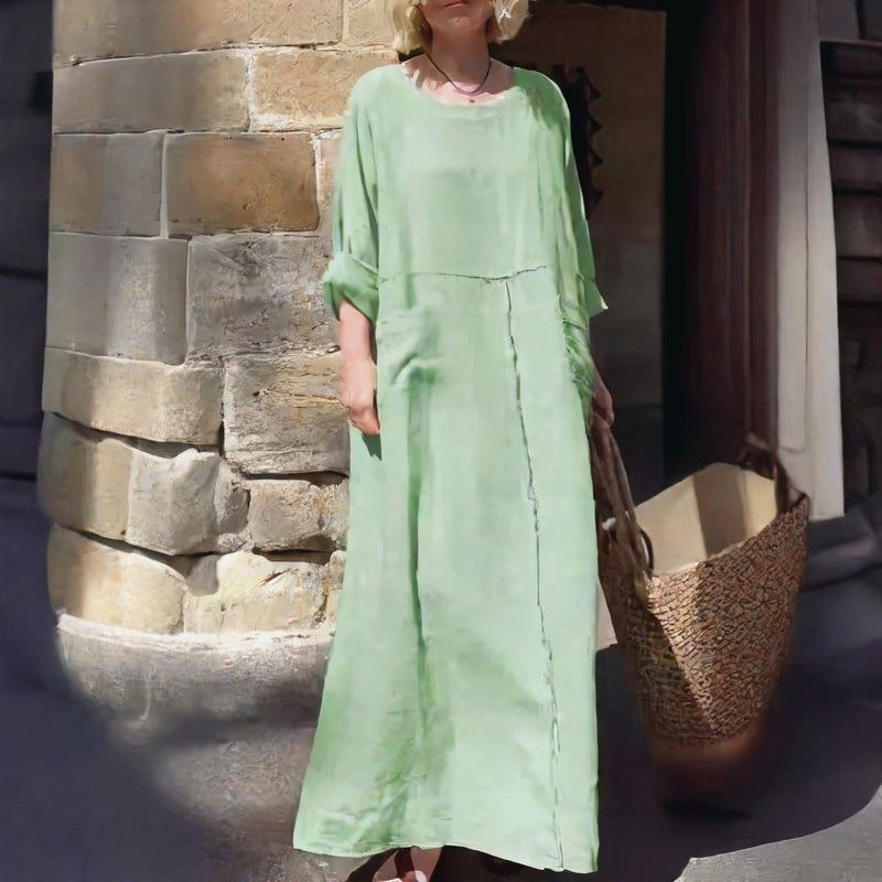 Women's Cotton Linen Long Sleeve Pleated Casual Dress with Side Pockets - Image 3