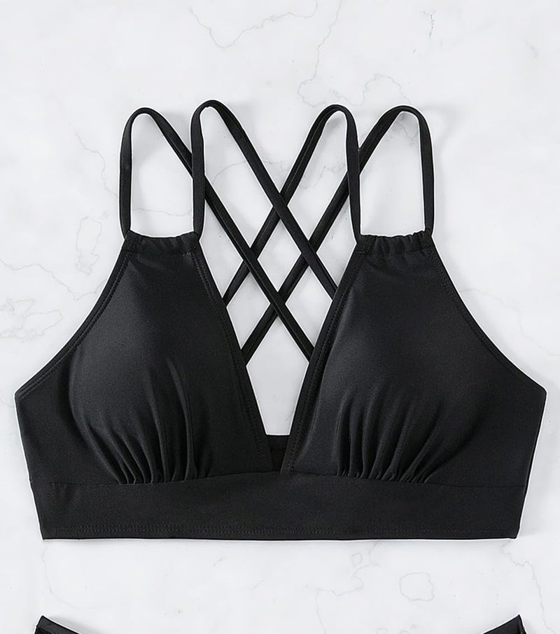 Tainehs Women's Push Up V Neck Bikini Tops Criss Cross Back Padded Bathing Suit Top Only Black - Image 4