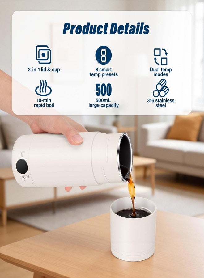 PAHTTO Portable Electric Kettle for Travel, 316 Stainless Steel Kettle, Hot Water Boiler with 2-In-1 Lid & Cup, 500ML Travel Tea Kettle with 8 Temperature Control, Auto Shut-Off & Boil Dry Protection (White) - Image 3