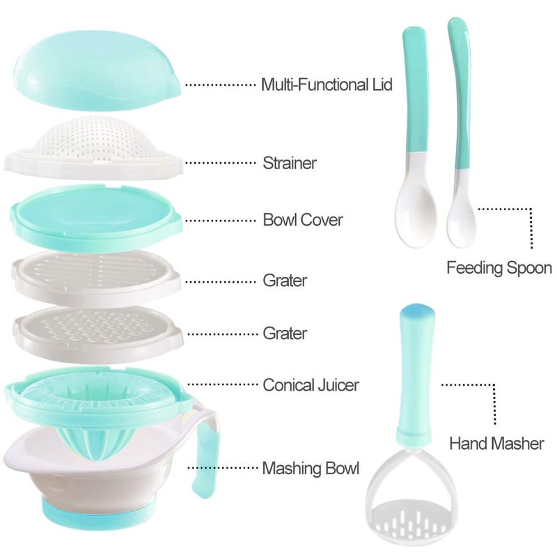 Matyz Versatile Baby Food Maker Set - Toddler Mill with Mash Bowl, Hand Masher, Citrus Juicer, Grater - Making Homemade Baby Food - Fruits and Vegetables Masher - No BPA (Mint Green) - Image 2