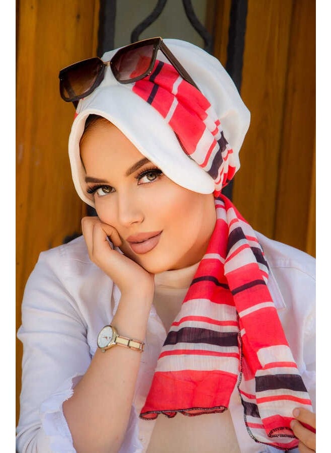 Aişe Tesettür Aişe Hijab Off White Coral Stripe Pattern Scarf Hat  - Image 1