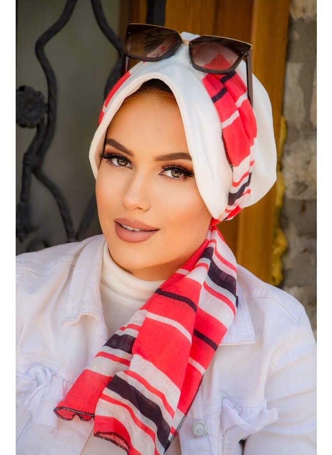 Aişe Tesettür Aişe Hijab Off White Coral Stripe Pattern Scarf Hat  - Image 2